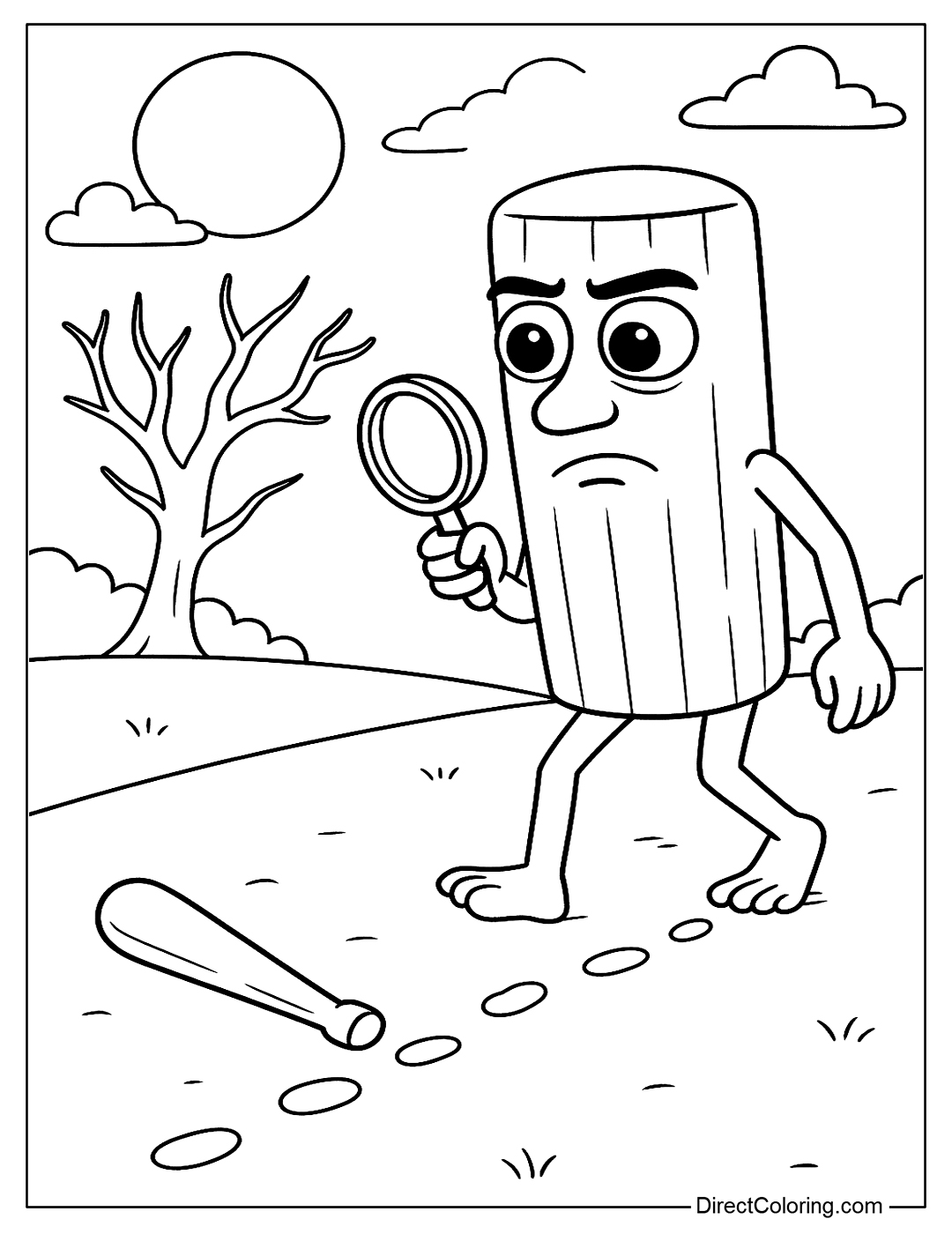 a coloring page of Sahur investigating the case of a missing wooden mallet in the middle of a full moon